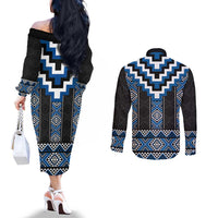 Blue Taniko Aotearoa Couples Matching Off The Shoulder Long Sleeve Dress and Long Sleeve Button Shirt Niho Taniwha Mix Poutama LT14 - Polynesian Pride