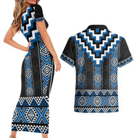 Blue Taniko Aotearoa Couples Matching Short Sleeve Bodycon Dress and Hawaiian Shirt Niho Taniwha Mix Poutama LT14 - Polynesian Pride