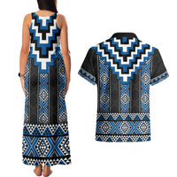 Blue Taniko Aotearoa Couples Matching Tank Maxi Dress and Hawaiian Shirt Niho Taniwha Mix Poutama LT14 - Polynesian Pride