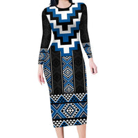 Blue Taniko Aotearoa Family Matching Long Sleeve Bodycon Dress and Hawaiian Shirt Niho Taniwha Mix Poutama LT14 Mom's Dress Blue - Polynesian Pride