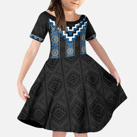 Blue Taniko Aotearoa Family Matching Puletasi and Hawaiian Shirt Niho Taniwha Mix Poutama LT14 Daughter's Dress Blue - Polynesian Pride
