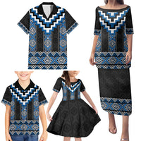 Blue Taniko Aotearoa Family Matching Puletasi and Hawaiian Shirt Niho Taniwha Mix Poutama LT14 - Polynesian Pride
