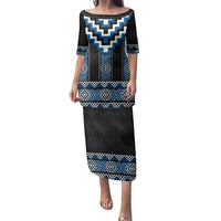 Blue Taniko Aotearoa Family Matching Puletasi and Hawaiian Shirt Niho Taniwha Mix Poutama LT14 Mom's Dress Blue - Polynesian Pride