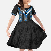 Blue Taniko Aotearoa Family Matching Summer Maxi Dress and Hawaiian Shirt Niho Taniwha Mix Poutama LT14 Daughter's Dress Blue - Polynesian Pride