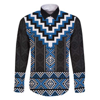 Blue Taniko Aotearoa Family Matching Tank Maxi Dress and Hawaiian Shirt Niho Taniwha Mix Poutama LT14 Dad's Shirt - Long Sleeve Blue - Polynesian Pride