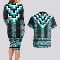 Turquoise Taniko Pattern Aotearoa Couples Matching Long Sleeve Bodycon Dress and Hawaiian Shirt Niho Taniwha Mix Poutama LT14 - Polynesian Pride