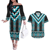 Turquoise Taniko Pattern Aotearoa Couples Matching Off The Shoulder Long Sleeve Dress and Hawaiian Shirt Niho Taniwha Mix Poutama LT14 Turquoise - Polynesian Pride