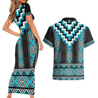 Turquoise Taniko Pattern Aotearoa Couples Matching Short Sleeve Bodycon Dress and Hawaiian Shirt Niho Taniwha Mix Poutama LT14 - Polynesian Pride