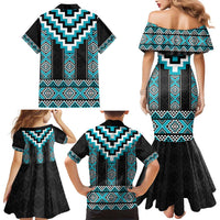 Turquoise Taniko Pattern Aotearoa Family Matching Mermaid Dress and Hawaiian Shirt Niho Taniwha Mix Poutama LT14 - Polynesian Pride