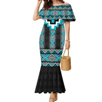 Turquoise Taniko Pattern Aotearoa Family Matching Mermaid Dress and Hawaiian Shirt Niho Taniwha Mix Poutama LT14 Mom's Dress Turquoise - Polynesian Pride