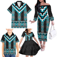 Turquoise Taniko Pattern Aotearoa Family Matching Off The Shoulder Long Sleeve Dress and Hawaiian Shirt Niho Taniwha Mix Poutama LT14 - Polynesian Pride