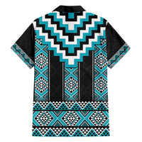 Turquoise Taniko Pattern Aotearoa Family Matching Off The Shoulder Long Sleeve Dress and Hawaiian Shirt Niho Taniwha Mix Poutama LT14 - Polynesian Pride