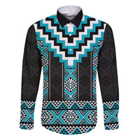 Turquoise Taniko Pattern Aotearoa Family Matching Off The Shoulder Long Sleeve Dress and Hawaiian Shirt Niho Taniwha Mix Poutama LT14 Dad's Shirt - Long Sleeve Turquoise - Polynesian Pride