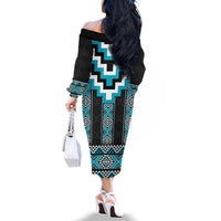 Turquoise Taniko Pattern Aotearoa Family Matching Off The Shoulder Long Sleeve Dress and Hawaiian Shirt Niho Taniwha Mix Poutama LT14 - Polynesian Pride