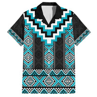 Turquoise Taniko Pattern Aotearoa Family Matching Off Shoulder Maxi Dress and Hawaiian Shirt Niho Taniwha Mix Poutama LT14 Dad's Shirt - Short Sleeve Turquoise - Polynesian Pride