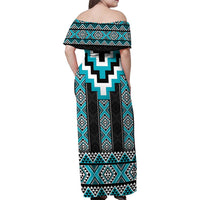 Turquoise Taniko Pattern Aotearoa Family Matching Off Shoulder Maxi Dress and Hawaiian Shirt Niho Taniwha Mix Poutama LT14 - Polynesian Pride
