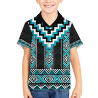 Turquoise Taniko Pattern Aotearoa Family Matching Short Sleeve Bodycon Dress and Hawaiian Shirt Niho Taniwha Mix Poutama LT14 Son's Shirt Turquoise - Polynesian Pride