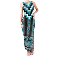 Turquoise Taniko Pattern Aotearoa Family Matching Tank Maxi Dress and Hawaiian Shirt Niho Taniwha Mix Poutama LT14 Mom's Dress Turquoise - Polynesian Pride