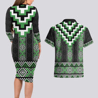 Green Taniko Pattern Aotearoa Couples Matching Long Sleeve Bodycon Dress and Hawaiian Shirt Niho Taniwha Mix Poutama LT14 - Polynesian Pride