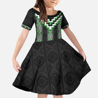 Green Taniko Pattern Aotearoa Family Matching Long Sleeve Bodycon Dress and Hawaiian Shirt Niho Taniwha Mix Poutama LT14 Daughter's Dress Green - Polynesian Pride