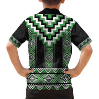 Green Taniko Pattern Aotearoa Family Matching Off The Shoulder Long Sleeve Dress and Hawaiian Shirt Niho Taniwha Mix Poutama LT14 - Polynesian Pride