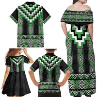 Green Taniko Pattern Aotearoa Family Matching Off Shoulder Maxi Dress and Hawaiian Shirt Niho Taniwha Mix Poutama LT14 - Polynesian Pride