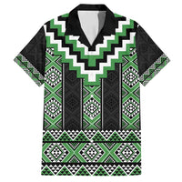 Green Taniko Pattern Aotearoa Family Matching Off Shoulder Maxi Dress and Hawaiian Shirt Niho Taniwha Mix Poutama LT14 Dad's Shirt - Short Sleeve Green - Polynesian Pride
