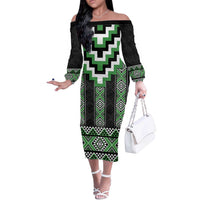Green Taniko Pattern Aotearoa Off The Shoulder Long Sleeve Dress Niho Taniwha Mix Poutama LT14