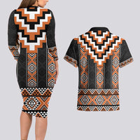 Orange Taniko Pattern Aotearoa Couples Matching Long Sleeve Bodycon Dress and Hawaiian Shirt Niho Taniwha Mix Poutama LT14 - Polynesian Pride