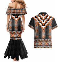 Orange Taniko Pattern Aotearoa Couples Matching Mermaid Dress and Hawaiian Shirt Niho Taniwha Mix Poutama LT14