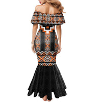 Orange Taniko Pattern Aotearoa Family Matching Mermaid Dress and Hawaiian Shirt Niho Taniwha Mix Poutama LT14 - Polynesian Pride