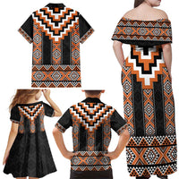 Orange Taniko Pattern Aotearoa Family Matching Off Shoulder Maxi Dress and Hawaiian Shirt Niho Taniwha Mix Poutama LT14 - Polynesian Pride