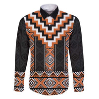 Orange Taniko Pattern Aotearoa Family Matching Tank Maxi Dress and Hawaiian Shirt Niho Taniwha Mix Poutama LT14 Dad's Shirt - Long Sleeve Orange - Polynesian Pride