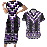 Purple Taniko Pattern Aotearoa Couples Matching Short Sleeve Bodycon Dress and Hawaiian Shirt Niho Taniwha Mix Poutama LT14 Purple - Polynesian Pride