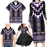 Purple Taniko Pattern Aotearoa Family Matching Long Sleeve Bodycon Dress and Hawaiian Shirt Niho Taniwha Mix Poutama LT14 - Polynesian Pride