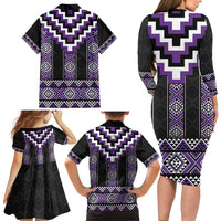 Purple Taniko Pattern Aotearoa Family Matching Long Sleeve Bodycon Dress and Hawaiian Shirt Niho Taniwha Mix Poutama LT14 - Polynesian Pride