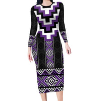 Purple Taniko Pattern Aotearoa Family Matching Long Sleeve Bodycon Dress and Hawaiian Shirt Niho Taniwha Mix Poutama LT14 Mom's Dress Purple - Polynesian Pride