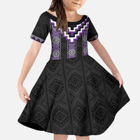 Purple Taniko Pattern Aotearoa Family Matching Off Shoulder Maxi Dress and Hawaiian Shirt Niho Taniwha Mix Poutama LT14 Daughter's Dress Purple - Polynesian Pride