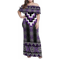 Purple Taniko Pattern Aotearoa Family Matching Off Shoulder Maxi Dress and Hawaiian Shirt Niho Taniwha Mix Poutama LT14 Mom's Dress Purple - Polynesian Pride