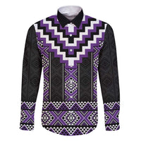 Purple Taniko Pattern Aotearoa Family Matching Short Sleeve Bodycon Dress and Hawaiian Shirt Niho Taniwha Mix Poutama LT14 Dad's Shirt - Long Sleeve Purple - Polynesian Pride