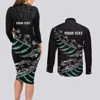 Custom New Zealand Silver Fern Rugby Couples Matching Long Sleeve Bodycon Dress and Long Sleeve Button Shirt Aotearoa Kiwi Maori Pattern LT14 - Polynesian Pride