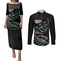 Custom New Zealand Silver Fern Rugby Couples Matching Puletasi and Long Sleeve Button Shirt Aotearoa Kiwi Maori Pattern LT14 Black - Polynesian Pride