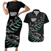 Custom New Zealand Silver Fern Rugby Couples Matching Short Sleeve Bodycon Dress and Hawaiian Shirt Aotearoa Kiwi Maori Pattern LT14 Black - Polynesian Pride