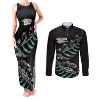 Custom New Zealand Silver Fern Rugby Couples Matching Tank Maxi Dress and Long Sleeve Button Shirt Aotearoa Kiwi Maori Pattern LT14 Black - Polynesian Pride
