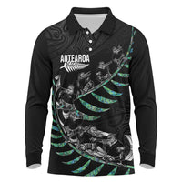 Custom New Zealand Silver Fern Rugby Long Sleeve Polo Shirt Aotearoa Kiwi Maori Pattern LT14 Black - Polynesian Pride