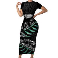 Custom New Zealand Silver Fern Rugby Short Sleeve Bodycon Dress Aotearoa Kiwi Maori Pattern LT14 Long Dress Black - Polynesian Pride