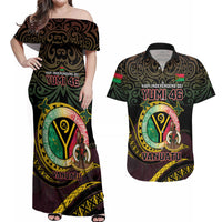 Personalised Vanuatu Couples Matching Off Shoulder Maxi Dress and Hawaiian Shirt Yumi 45th Hapi Independens Dei - Black Version LT14