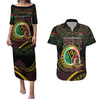 Personalised Vanuatu Couples Matching Puletasi and Hawaiian Shirt Yumi 45th Hapi Independens Dei - Black Version LT14