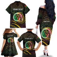 Personalised Vanuatu Family Matching Off The Shoulder Long Sleeve Dress and Hawaiian Shirt Yumi 45th Hapi Independens Dei - Black Version LT14 - Polynesian Pride