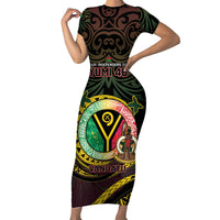 Personalised Vanuatu Family Matching Short Sleeve Bodycon Dress and Hawaiian Shirt Yumi 45th Hapi Independens Dei - Black Version LT14 Mom's Dress Black - Polynesian Pride